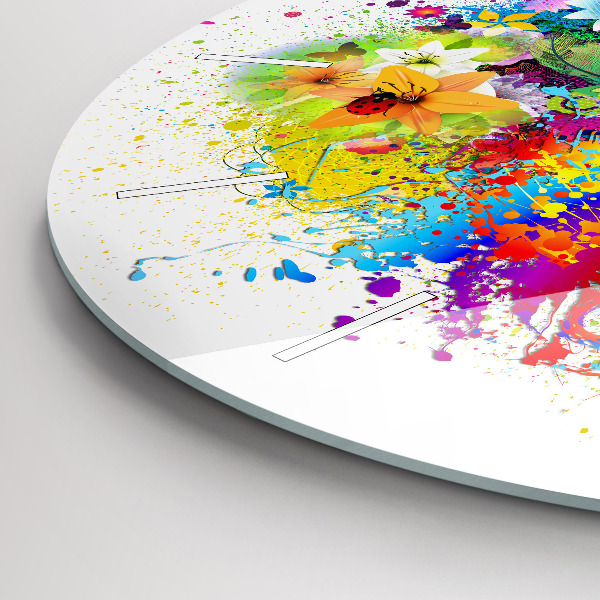 Ceas rotund de perete din sticlă Armonie florală cu fluturi