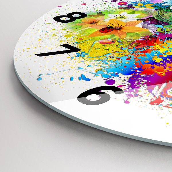 Ceas rotund de perete din sticlă Armonie florală cu fluturi