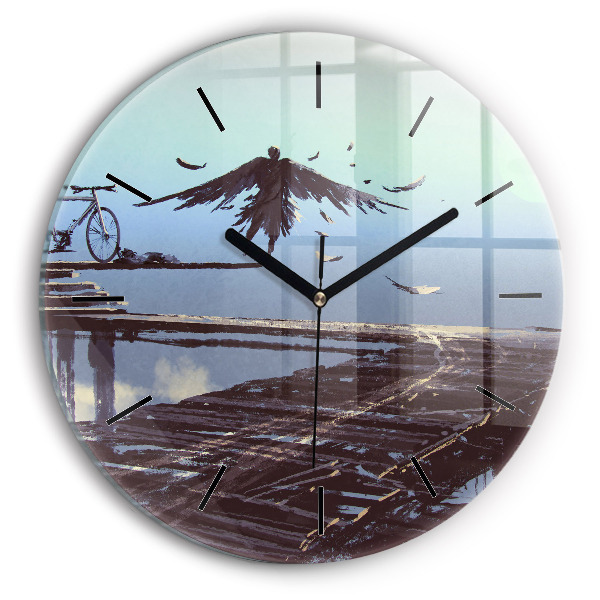 Ceas rotund de perete din sticlă Înger, pod și bicicletă