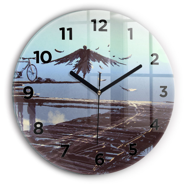 Ceas rotund de perete din sticlă Înger, pod și bicicletă