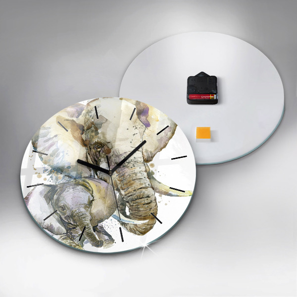 Ceas rotund de perete din sticlă Animalele elefanți pictate