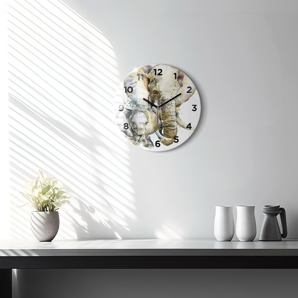 Ceas rotund de perete din sticlă Animalele elefanți pictate