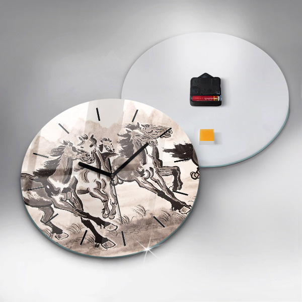 Ceas rotund de perete din sticlă Cai în galop