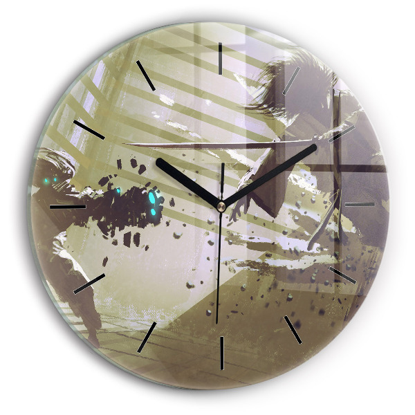 Ceas rotund de perete din sticlă Robot și samurai se luptă