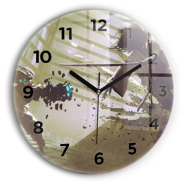 Ceas rotund de perete din sticlă Robot și samurai se luptă