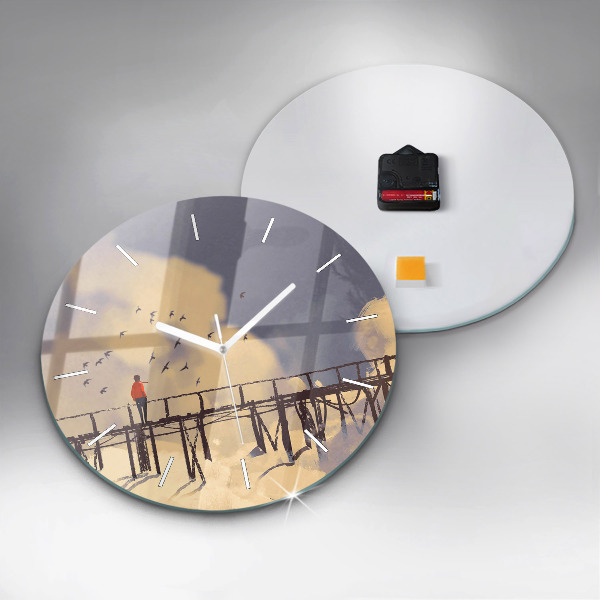 Ceas rotund de perete din sticlă Omul pe podul vechi