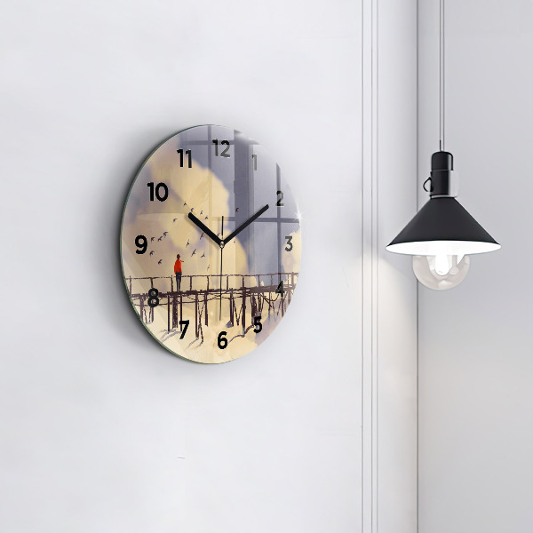 Ceas rotund de perete din sticlă Omul pe podul vechi