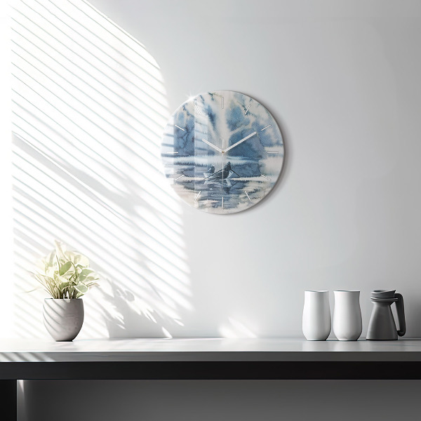 Ceas rotund de perete din sticlă Pescar pe lac