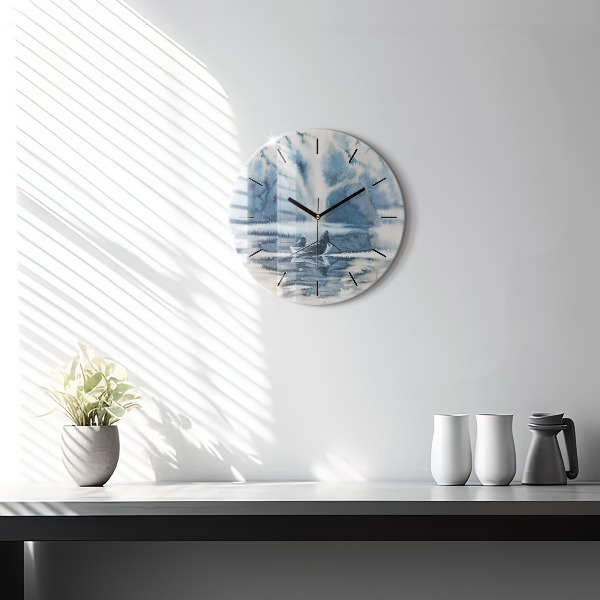 Ceas rotund de perete din sticlă Pescar pe lac