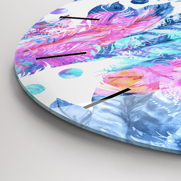 Ceas rotund de perete din sticlă Pene colorate