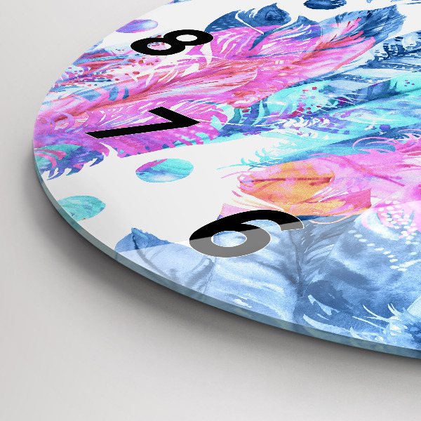 Ceas rotund de perete din sticlă Pene colorate