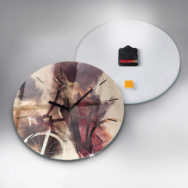 Ceas rotund de perete din sticlă Femeie și bicicleta