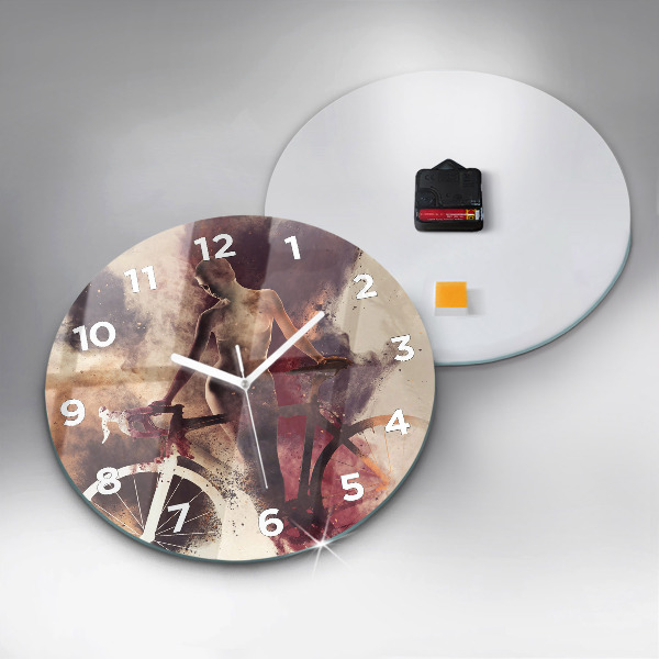 Ceas rotund de perete din sticlă Femeie și bicicleta