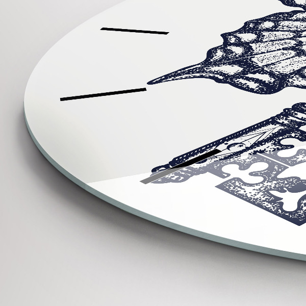 Ceas rotund de perete din sticlă Fluture și cheie - stil boho