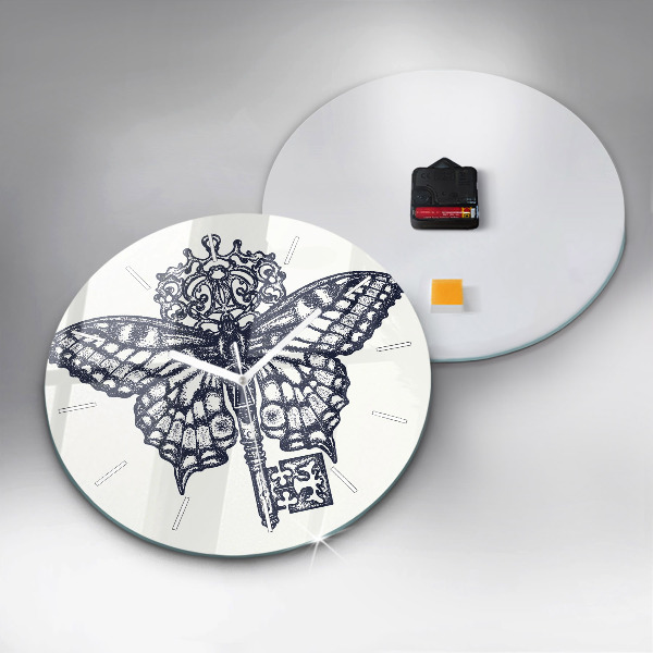 Ceas rotund de perete din sticlă Fluture și cheie - stil boho