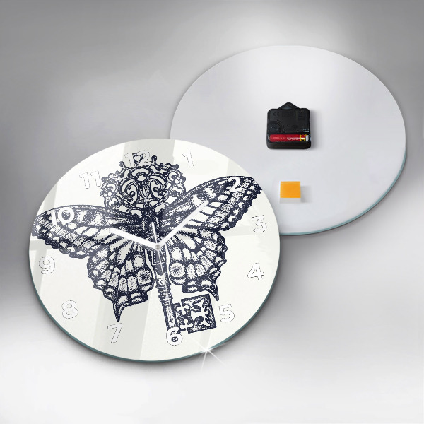 Ceas rotund de perete din sticlă Fluture și cheie - stil boho