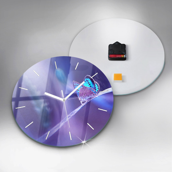 Ceas rotund de perete din sticlă Fluture pe iarbă