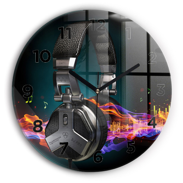 Ceas rotund de perete din sticlă Căști și unde sonore