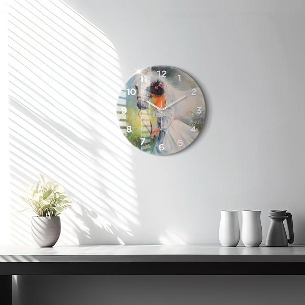 Ceas rotund de perete din sticlă Femeie frumoasă cu un cal