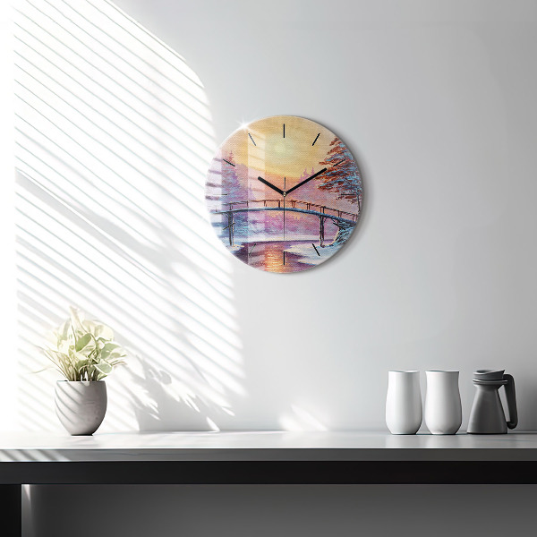 Ceas rotund de perete din sticlă Pom de Crăciun și pod