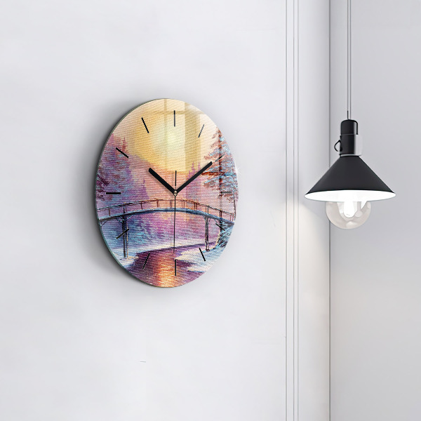 Ceas rotund de perete din sticlă Pom de Crăciun și pod