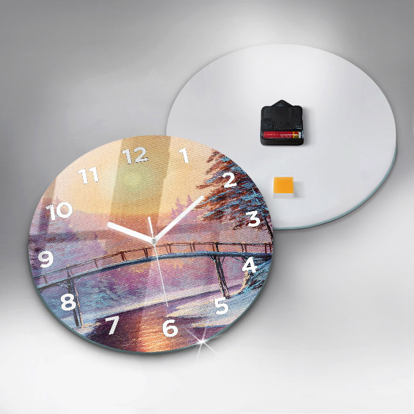 Ceas rotund de perete din sticlă Pom de Crăciun și pod