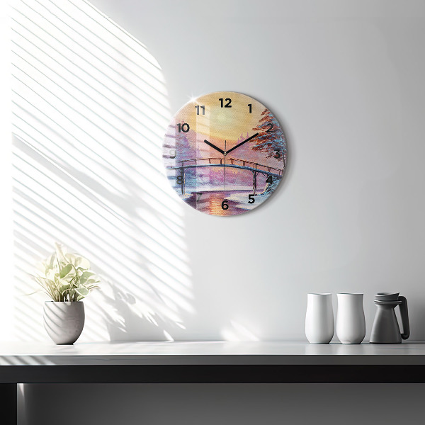 Ceas rotund de perete din sticlă Pom de Crăciun și pod