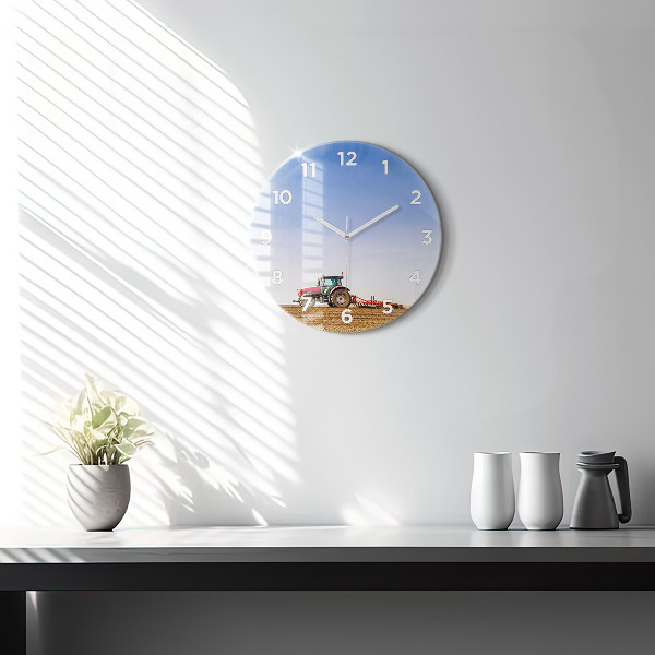 Ceas rotund de perete din sticlă Fermier într-un tractor