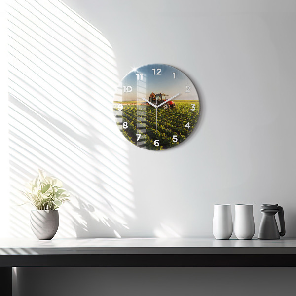 Ceas rotund de perete din sticlă Tractor într-un câmp agricol