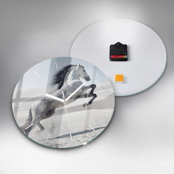 Ceas rotund de perete din sticlă Cal alb în galop