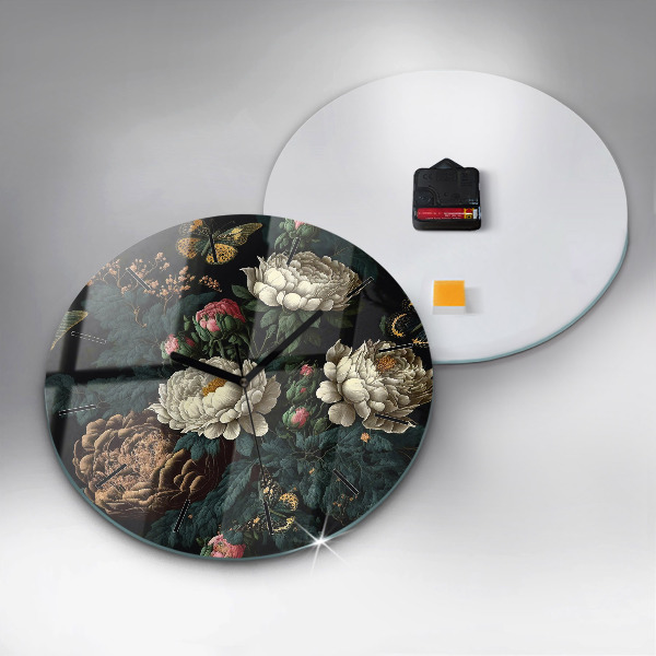 Ceas rotund de perete din sticlă Floare și fluturi aurii