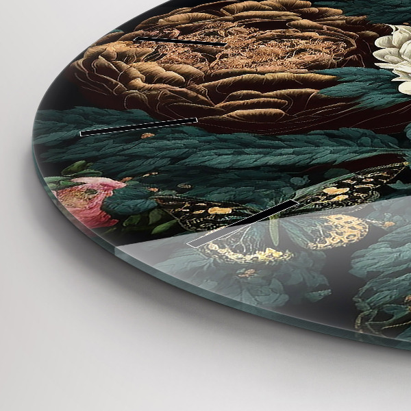 Ceas rotund de perete din sticlă Floare și fluturi aurii