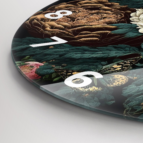 Ceas rotund de perete din sticlă Floare și fluturi aurii