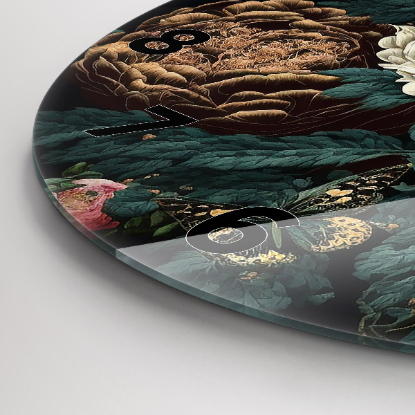 Ceas rotund de perete din sticlă Floare și fluturi aurii