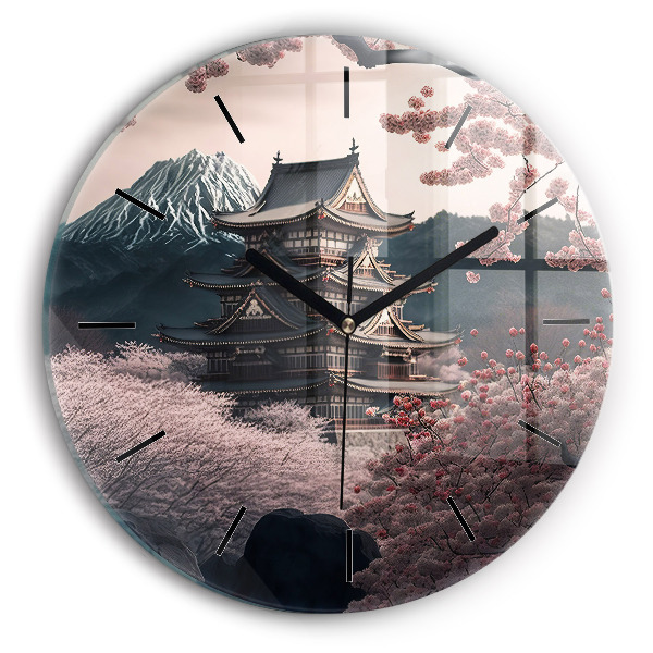 Ceas rotund de perete din sticlă Turn și flori în Asia