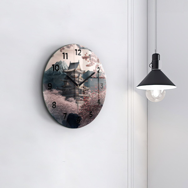 Ceas rotund de perete din sticlă Turn și flori în Asia