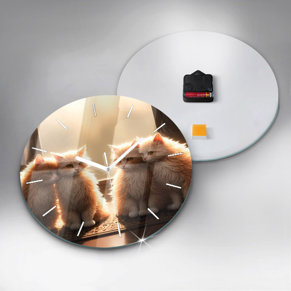 Ceas rotund de perete din sticlă Patru pisoi la soare