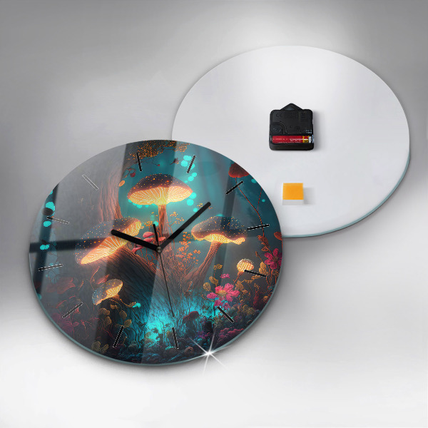 Ceas rotund de perete din sticlă Pădure și ciuperci magice