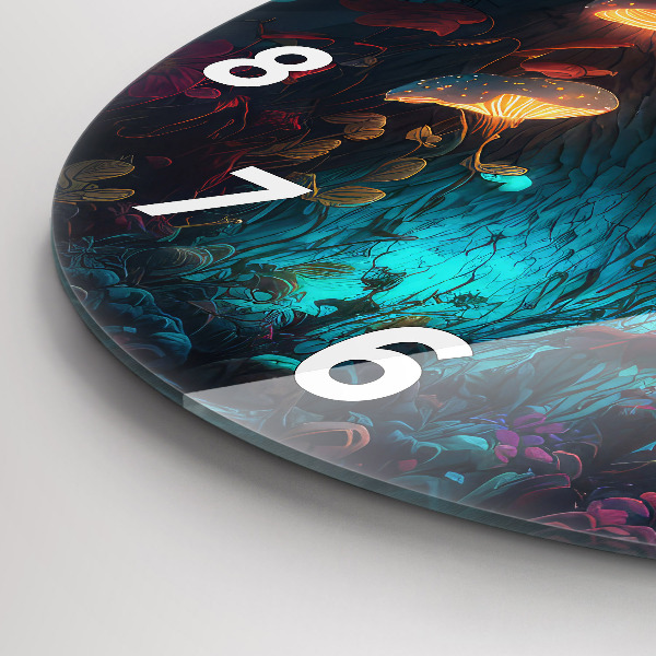 Ceas rotund de perete din sticlă Pădure și ciuperci magice