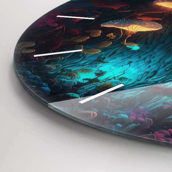 Ceas rotund de perete din sticlă Pădure și ciuperci magice