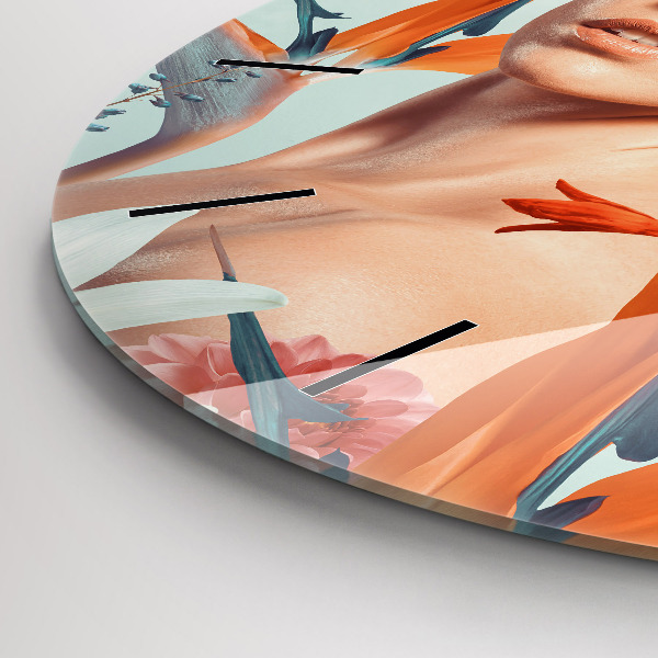 Ceas rotund de perete din sticlă Femeie cu flori