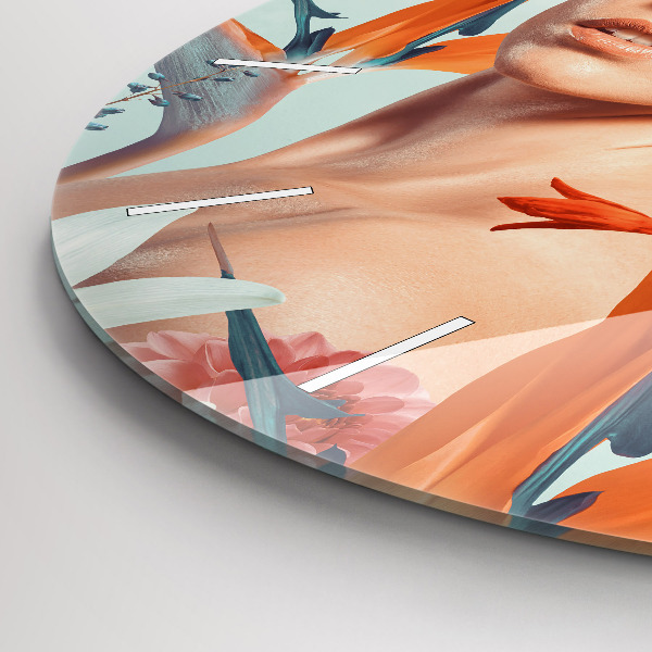 Ceas rotund de perete din sticlă Femeie cu flori