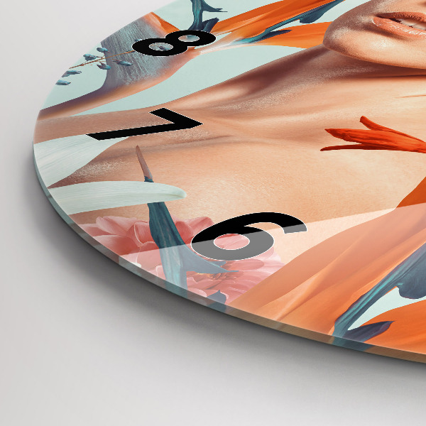 Ceas rotund de perete din sticlă Femeie cu flori