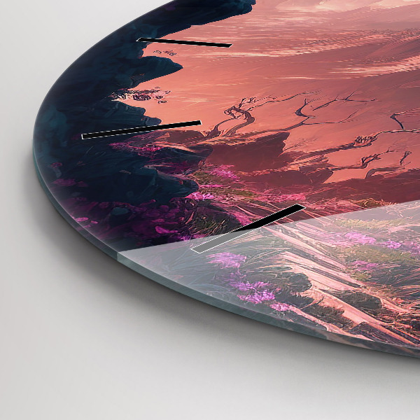 Ceas rotund de perete din sticlă Pădure și munți magici