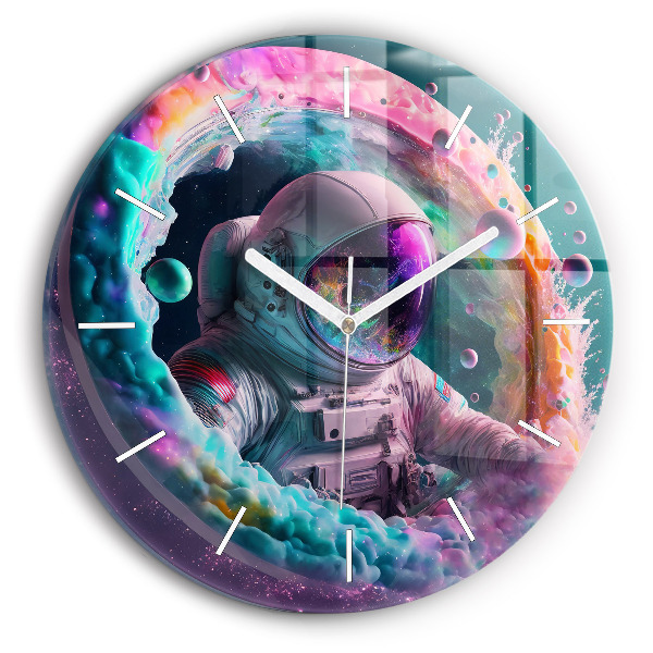 Ceas rotund de perete din sticlă Cosmonaut și nori colorați