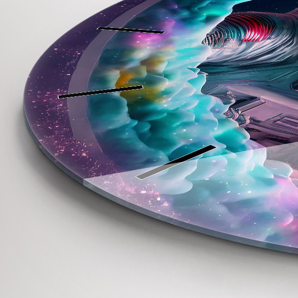 Ceas rotund de perete din sticlă Cosmonaut și nori colorați