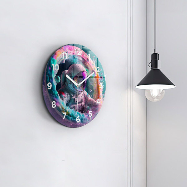 Ceas rotund de perete din sticlă Cosmonaut și nori colorați