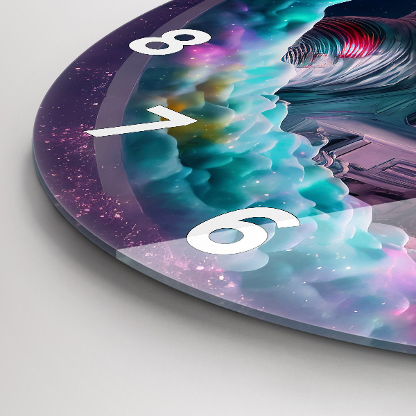 Ceas rotund de perete din sticlă Cosmonaut și nori colorați