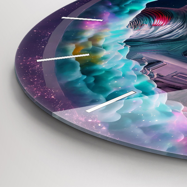 Ceas rotund de perete din sticlă Cosmonaut și nori colorați