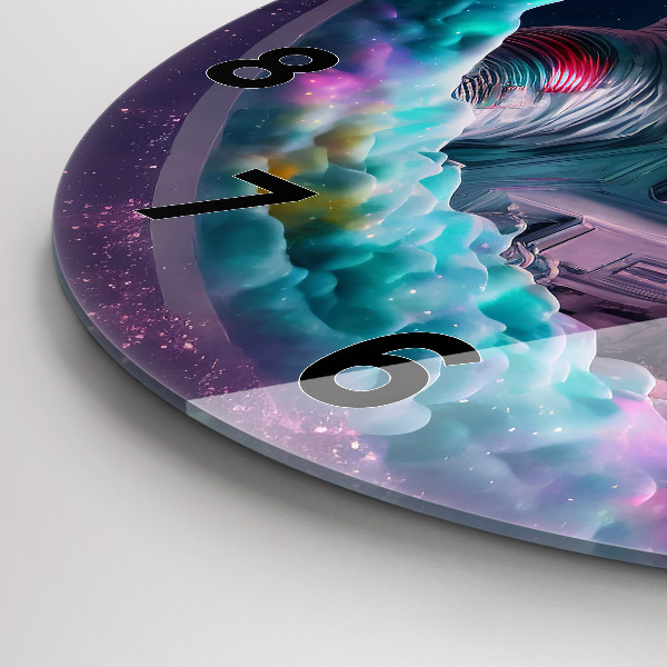 Ceas rotund de perete din sticlă Cosmonaut și nori colorați